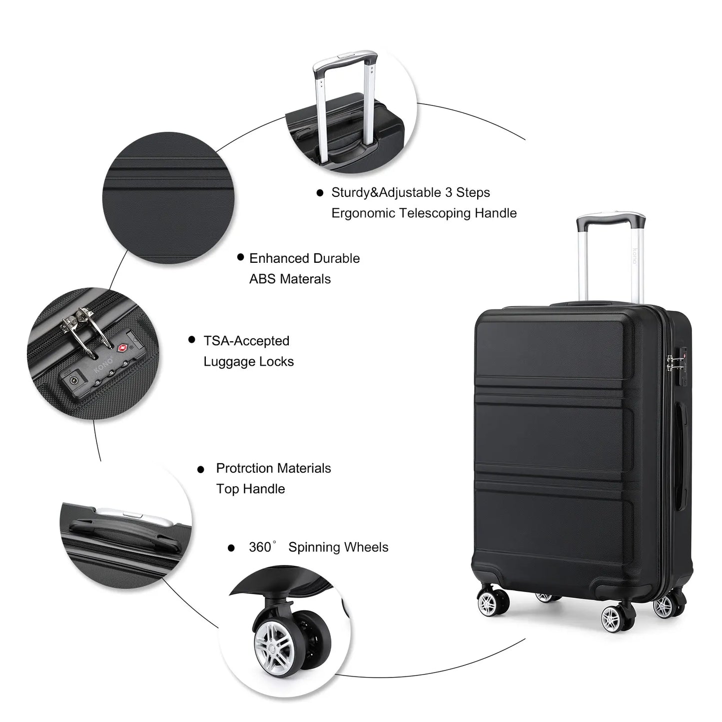 Grande Valise solide Légère, Valise Trolley payée ity L, 4 Roues Jumelles, Serrure TSA, Matériau ABS