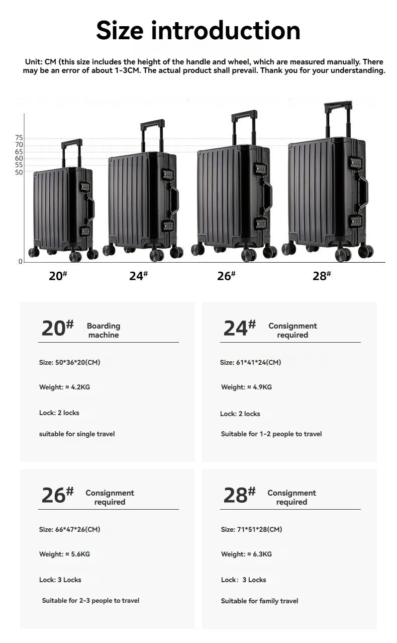 Bagages durables en alliage d'aluminium Magnalium pour hommes et femmes, bagage à main de grande capacité, voyage d'embarquement, nouveau, 2024, 20, 24, 26 et 28 pouces, tailles