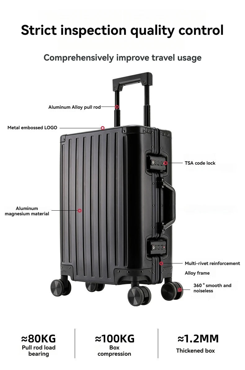 Bagages durables en alliage d'aluminium Magnalium pour hommes et femmes, bagage à main de grande capacité, voyage d'embarquement, nouveau, 2024, 20, 24, 26 et 28 pouces