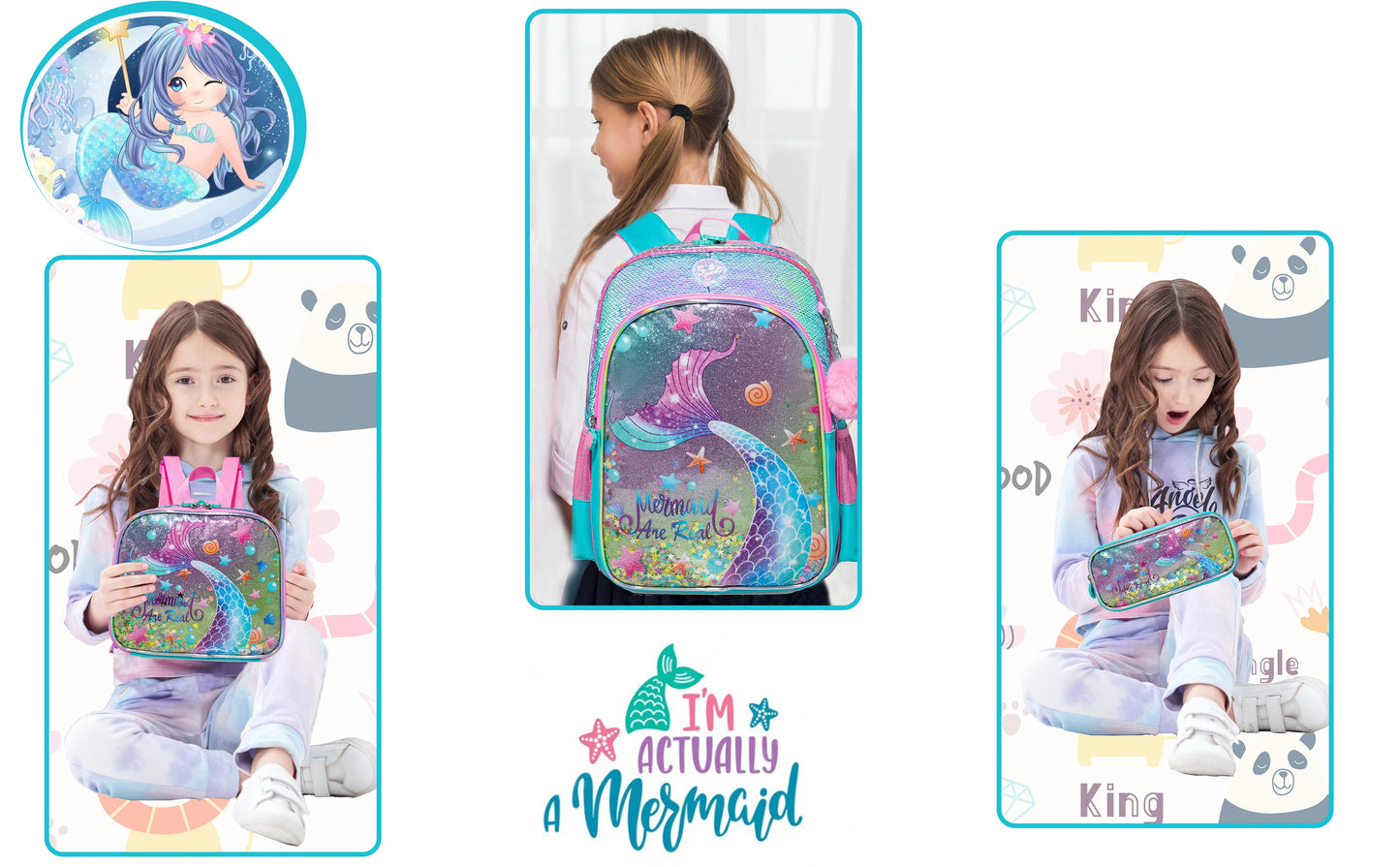 Meetbelify-Sac à dos d'école pour filles, cartable pour enfants, sac de voyage pleine grandeur avec boîte à lunch, élèves du primaire mermaid