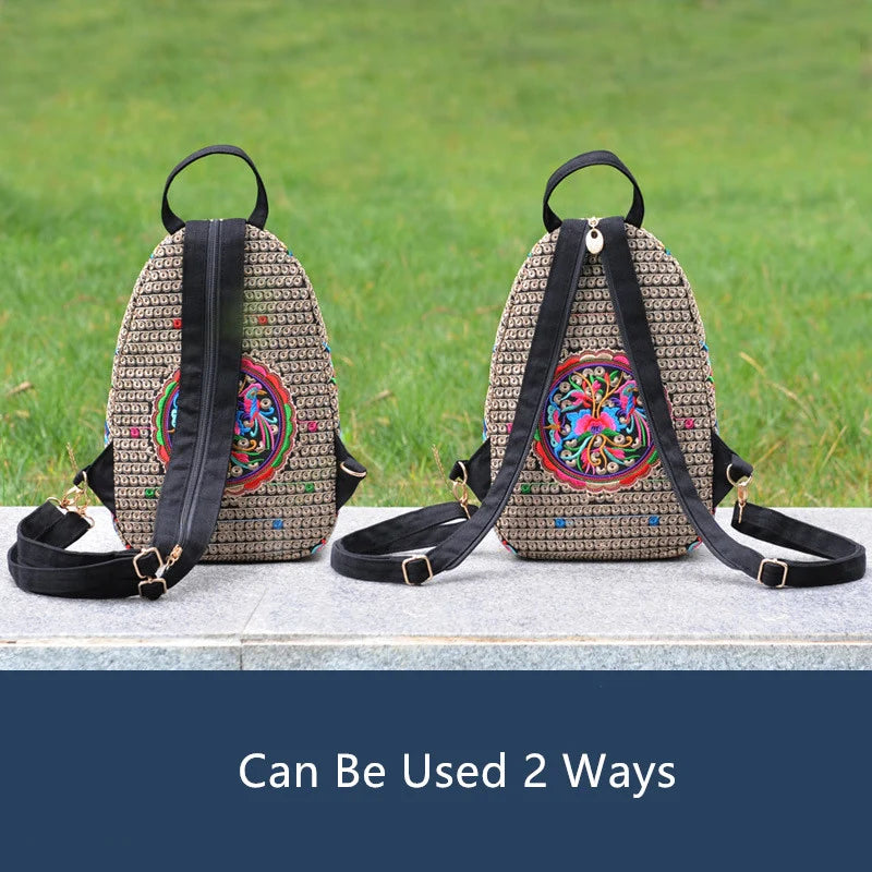 Mini sac à dos brodé avec poignées pour femmes, sac de poitrine polyvalent, sangle amovible, style ethnique, sac à dos ou sac à bandoulière