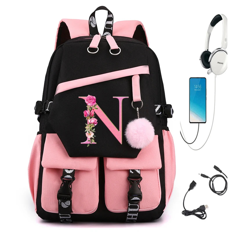 Flower school bags with first name initial