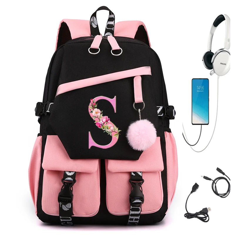 Flower school bags with first name initial