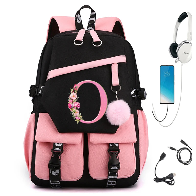 Flower school bags with first name initial