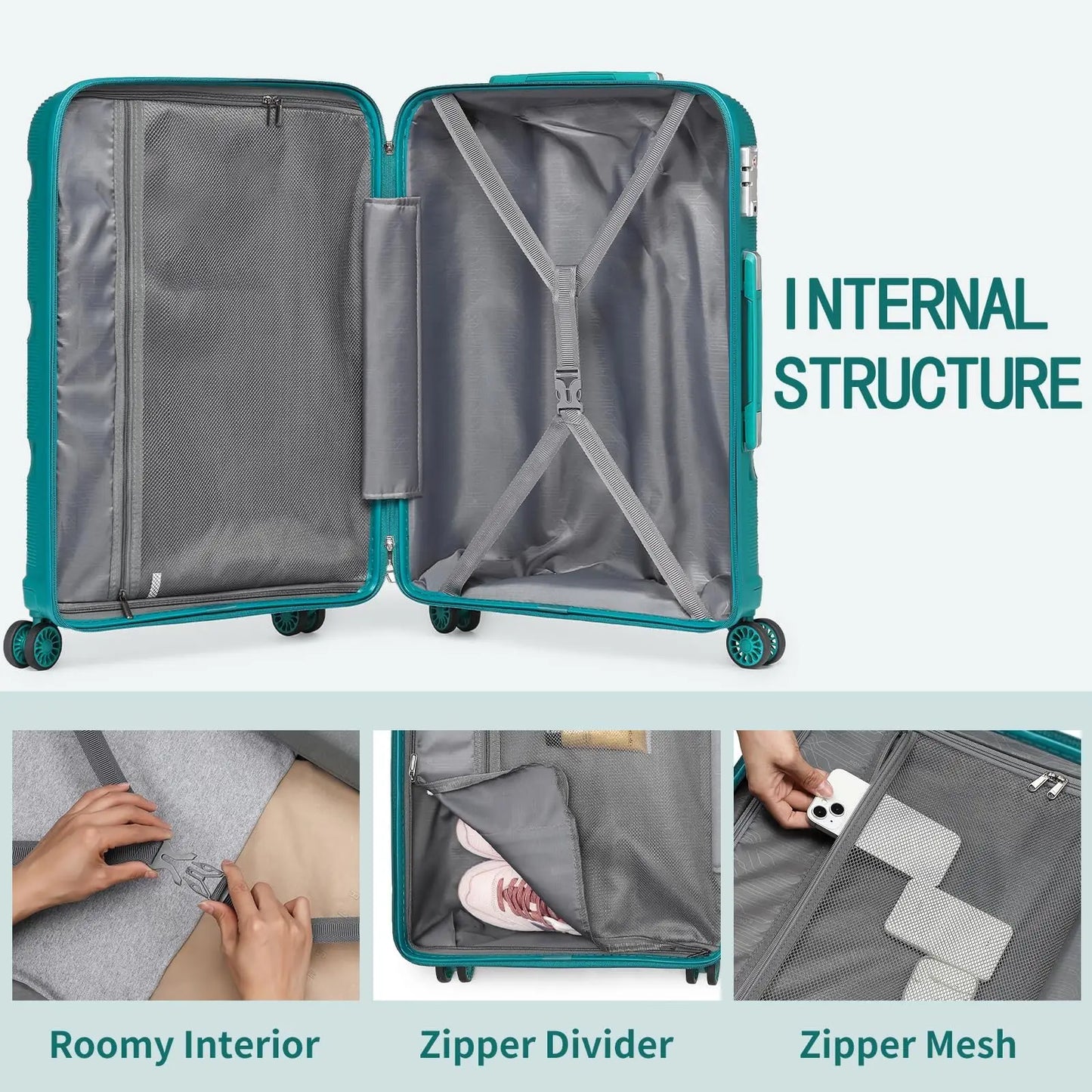 3 valise de voyage en PP avec 4 roulettes rotatives