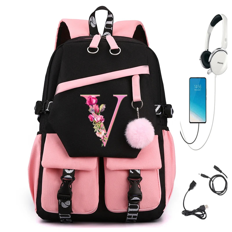 Flower school bags with first name initial