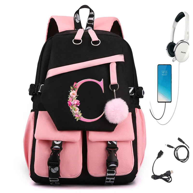 Flower school bags with first name initial