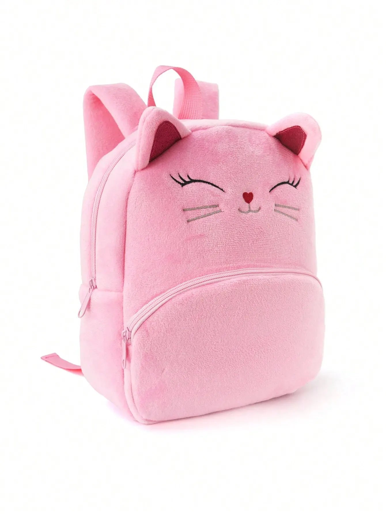 Sac à dos en peluche rose pour enfants, chaton brodé, dessin animé mignon, grande capacité, filles et enfants, classique