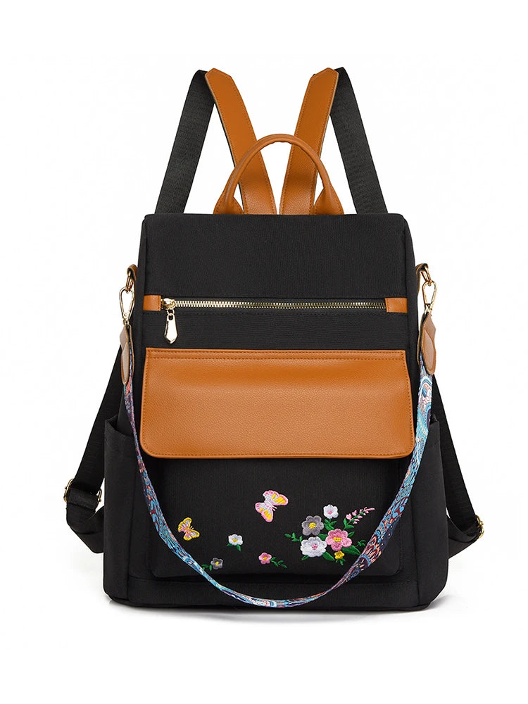 Sac à dos design brodé antivol pour femme, grande capacité, Oxford PU Patchwork, cartable 3 en 1, sac à dos initié par une femme