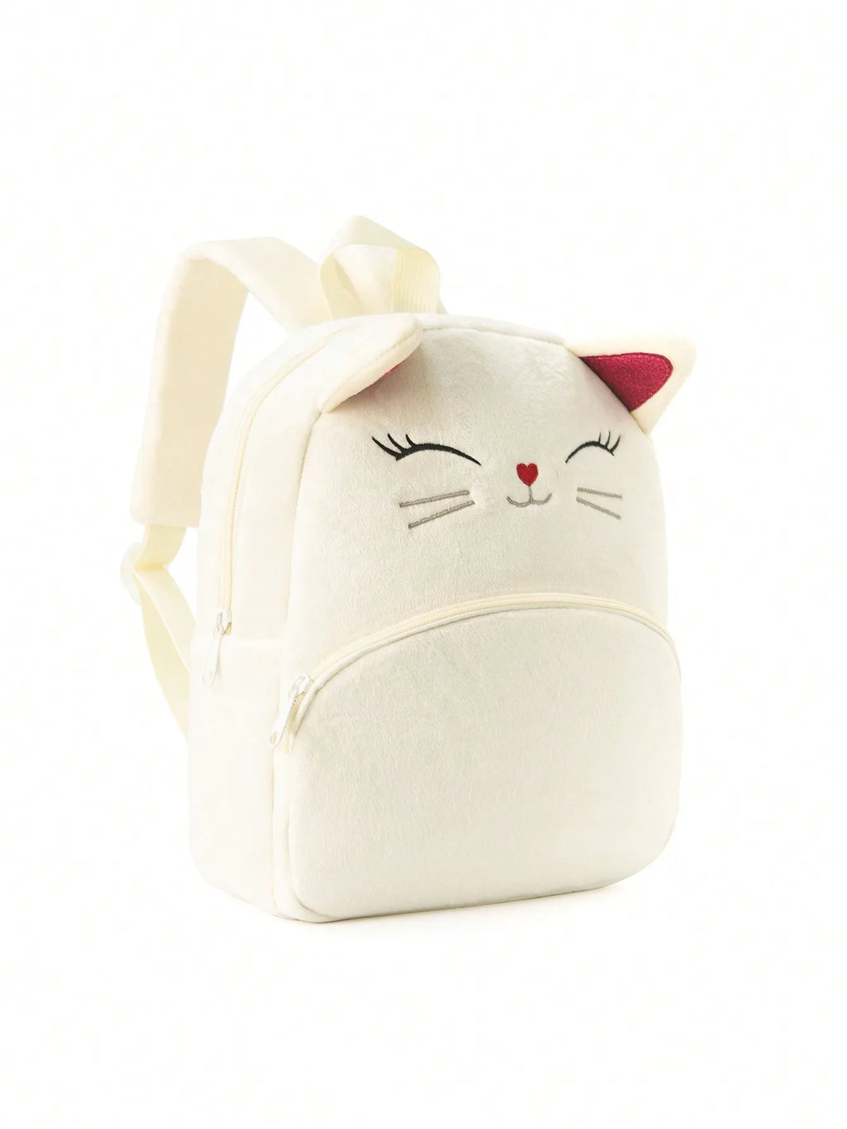 Sac à dos en peluche rose pour enfants, chaton brodé, dessin animé mignon, grande capacité, filles et enfants, classique, beige