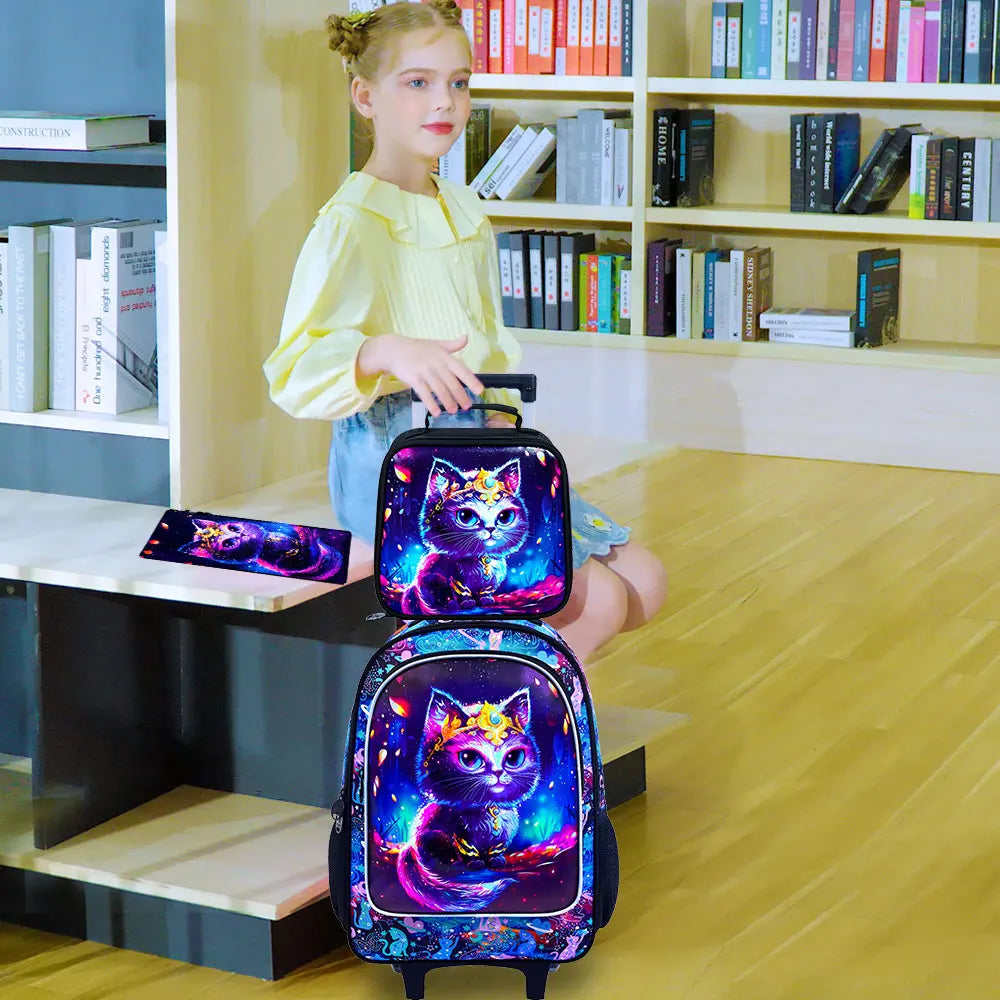 Sac à dos à roulettes pour filles, cartable à roulettes pour enfants, sac d'école primaire à roulettes avec sac à lunch, chat en diamant, 3 pièces