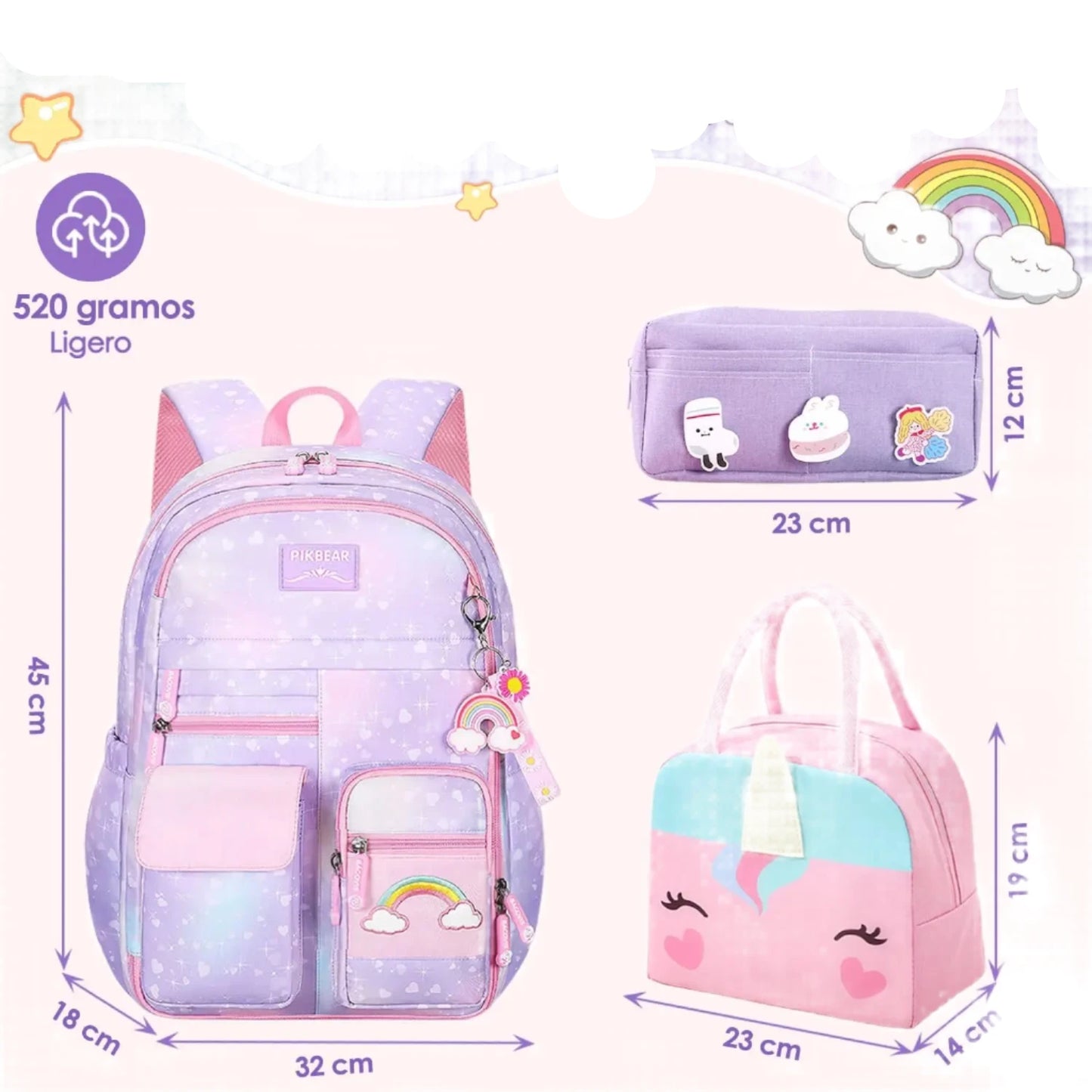 Sacs à dos d'école primaire pour filles, sac à dos 7 pièces de grande capacité pour enfants adolescents avec boîte à lunch et étui, étanche, 0,520Kg