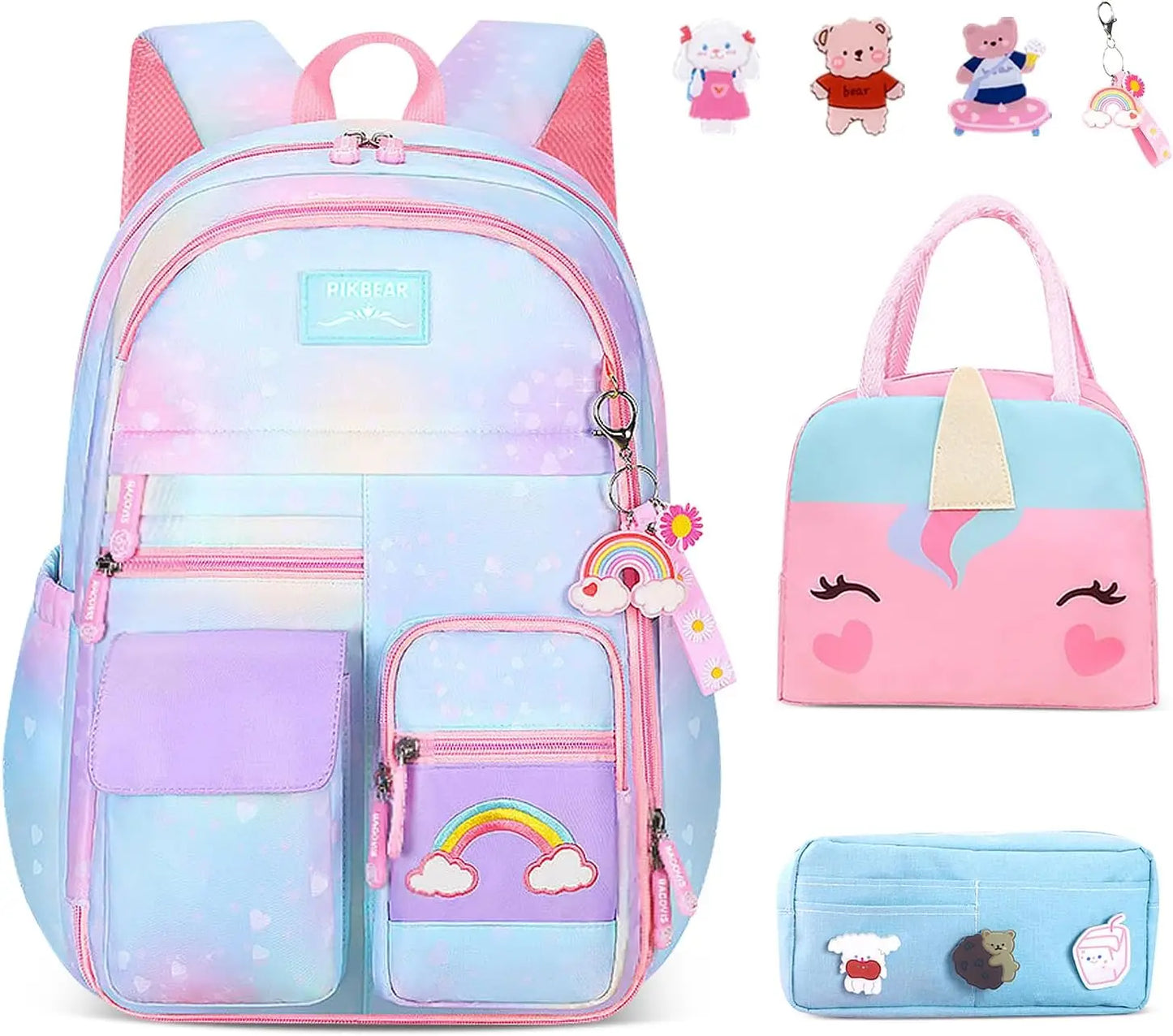 Sacs à dos d'école primaire pour filles, sac à dos 7 pièces de grande capacité pour enfants adolescents avec boîte à lunch et étui, étanche , bleu