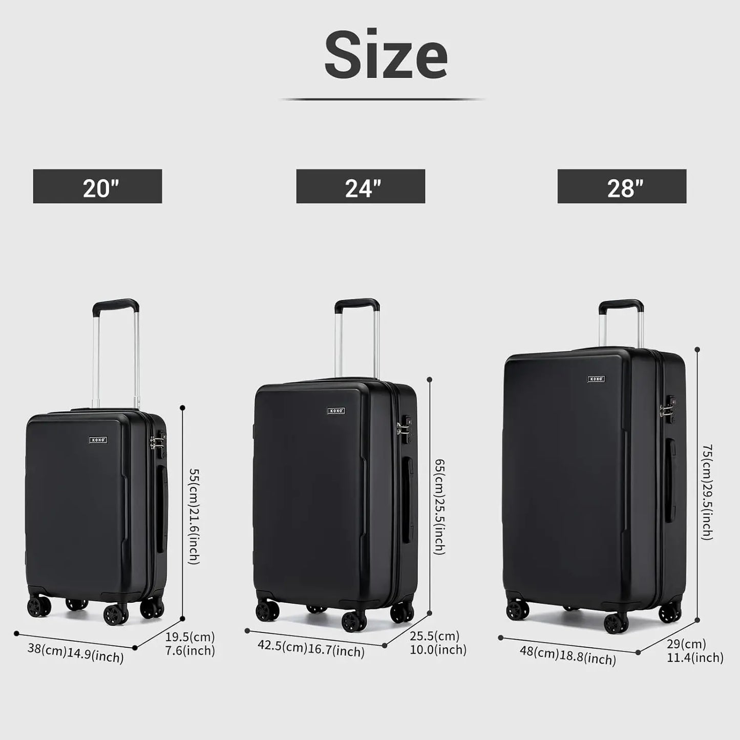 3 taille de Valise légère à coque rigide en PC et ABS avec serrure TSA, 20 pouces, 24 pouces et 28 pouces