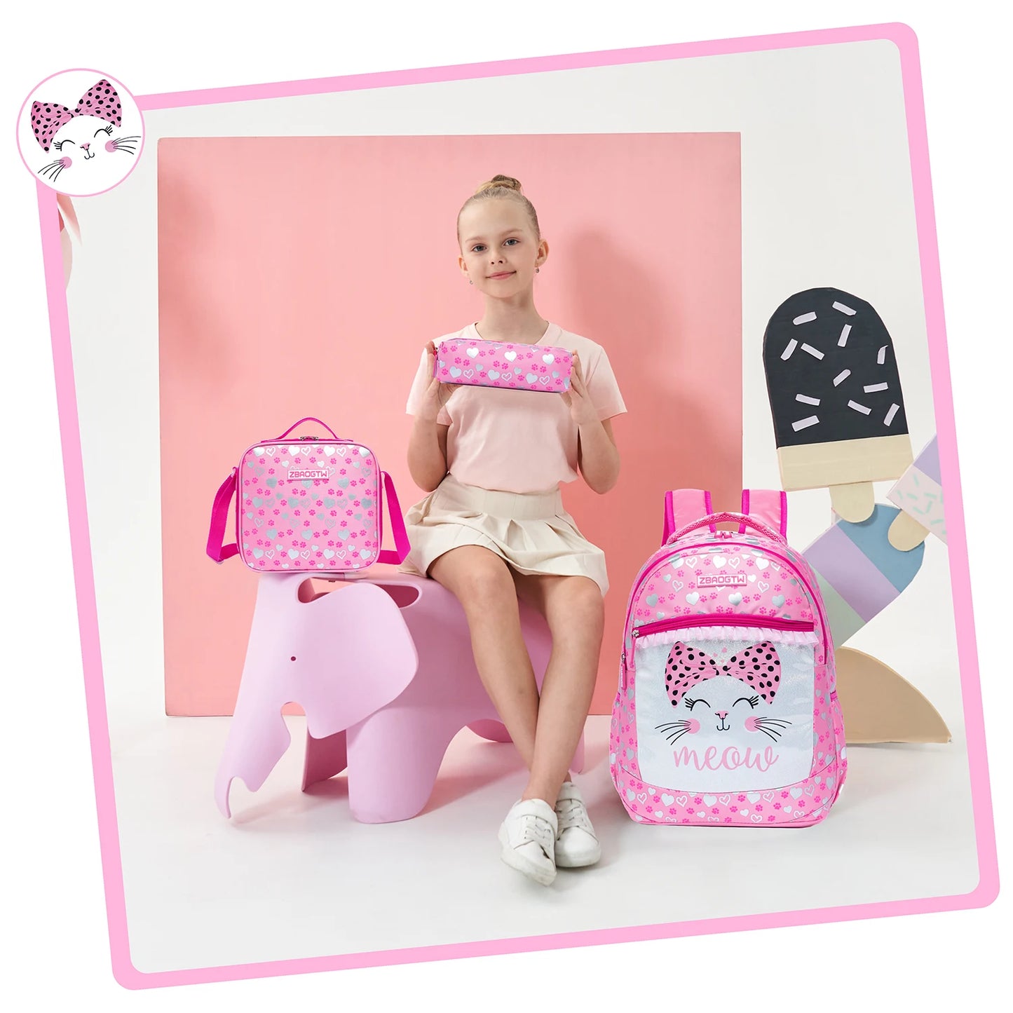 Cartable en cuir PU pour l'école primaire, sac à lunch et sac à stylo, 3 pièces