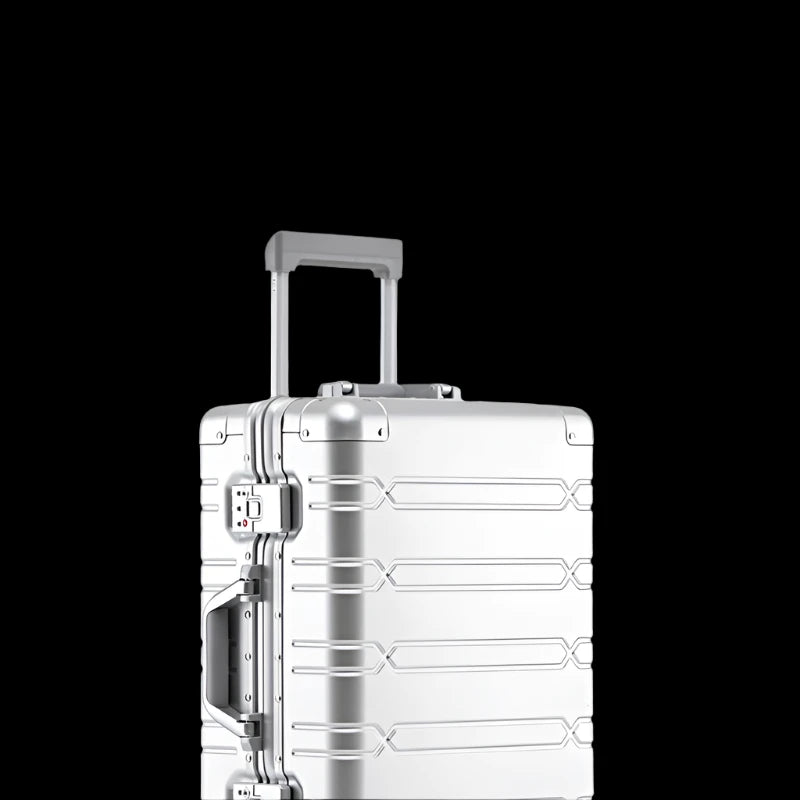Valise à roulettes entièrement en alliage d'aluminium et de magnésium, roue tournante, boîte en métal, valise d'embarquement avec mot de passe