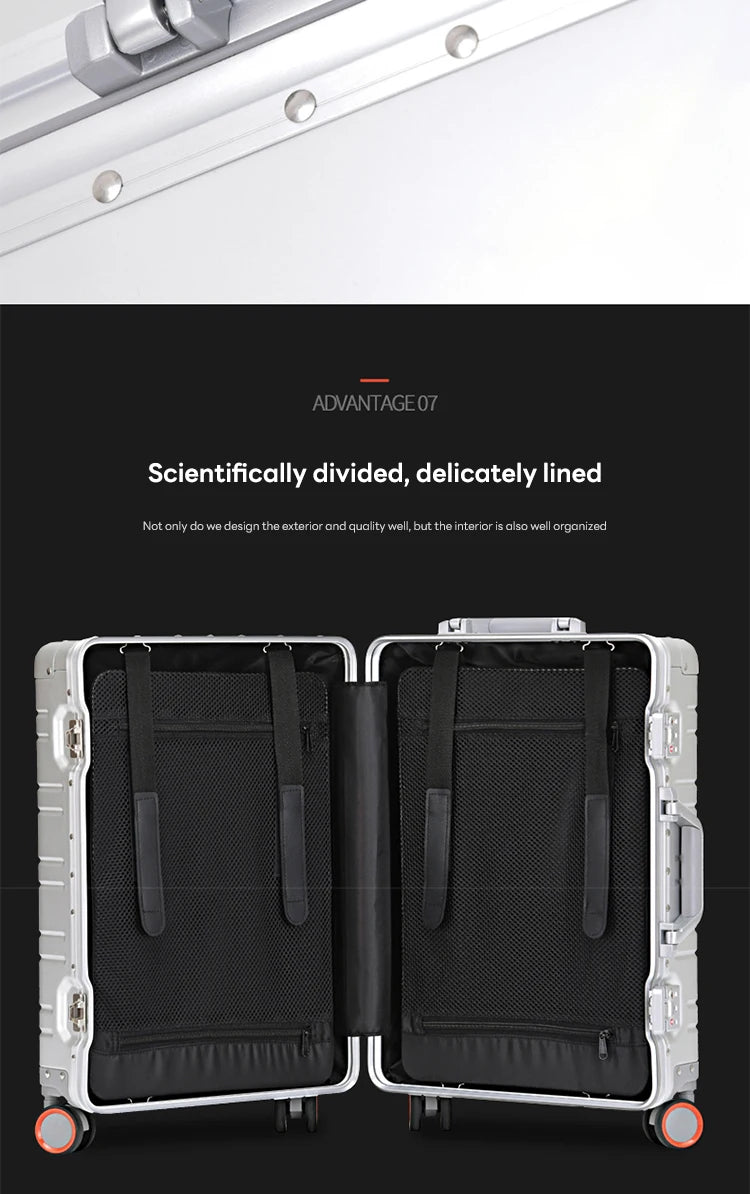 Valise à roulettes entièrement en alliage d'aluminium et de magnésium, roue tournante, boîte en métal, valise d'embarquement avec mot de passe