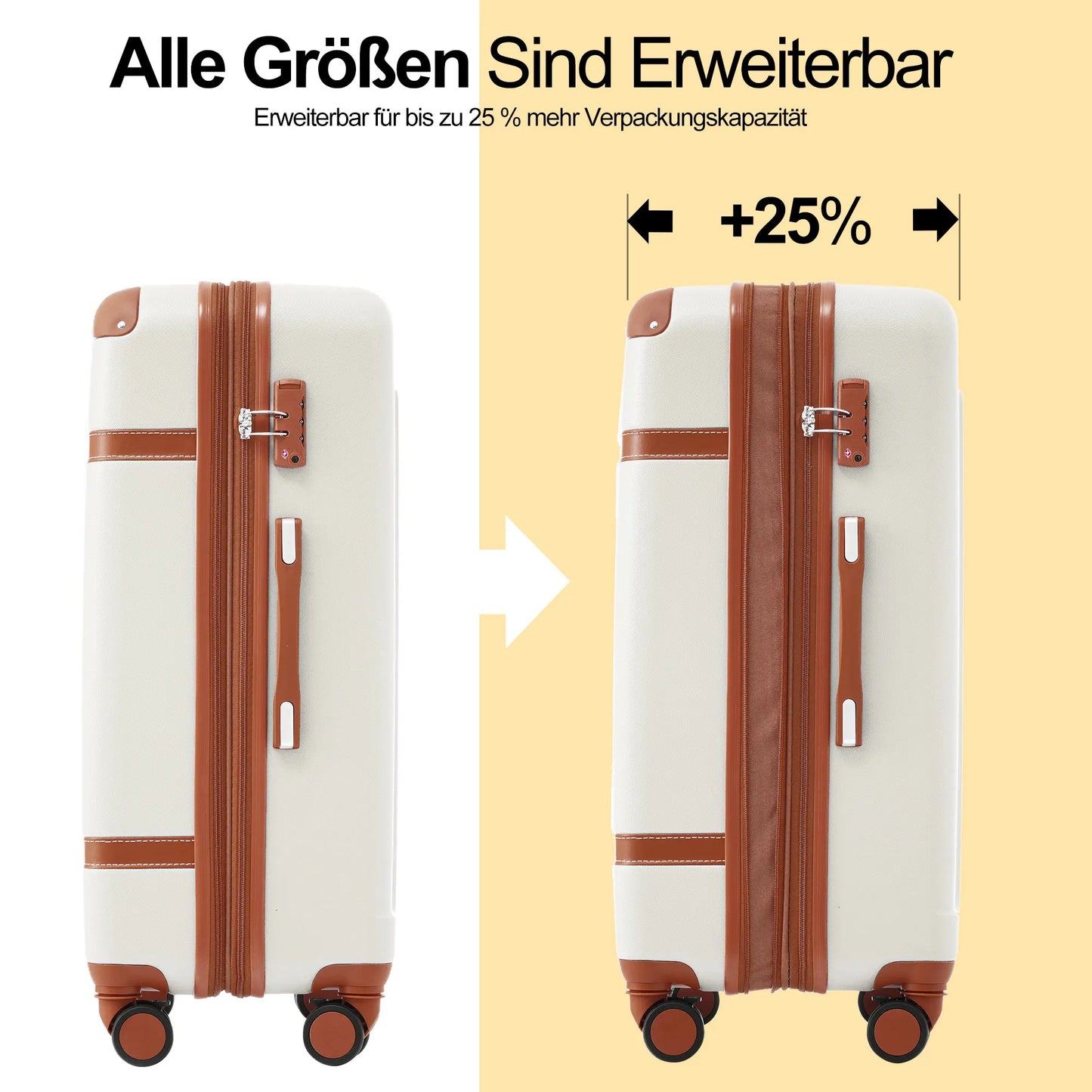 Valise rigide, valise, bagage à main 4 rouleaux, matériau ABS, serrure douanière TSA, 56*38.5*23.5, (crème + marron)