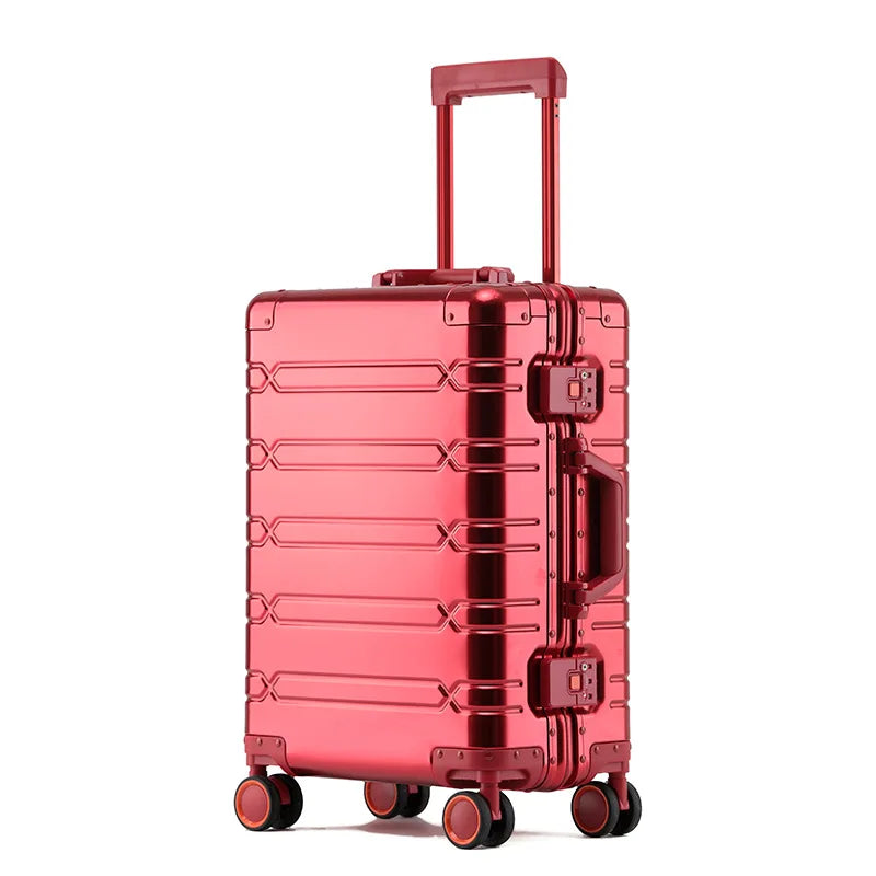Valise à roulettes entièrement en alliage d'aluminium et de magnésium, roue tournante, boîte en métal, valise d'embarquement avec mot de passe