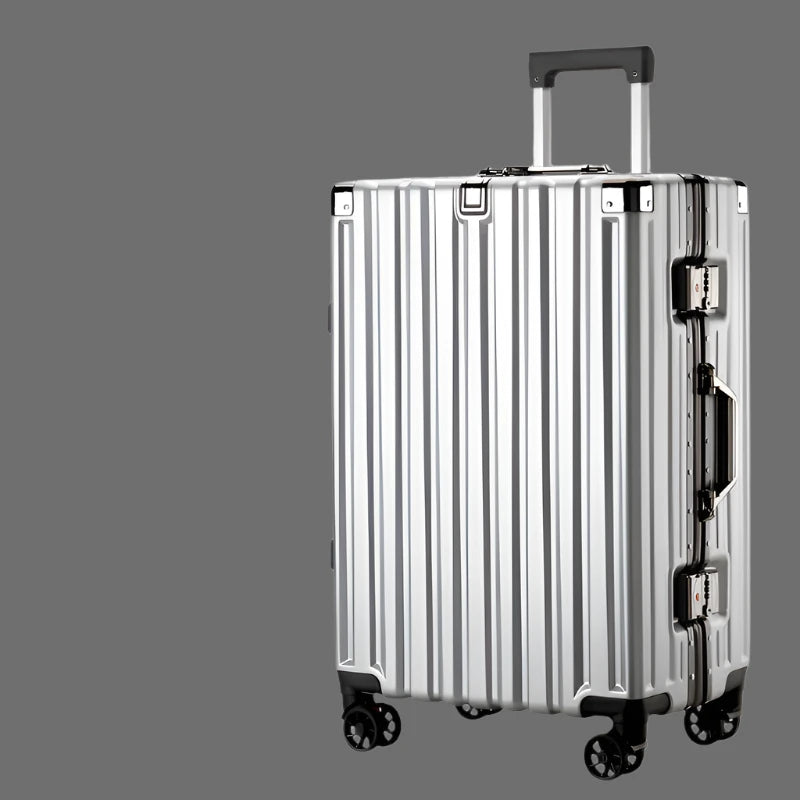 Valise à roulettes anti-collision, bagage de grande capacité, cadre en aluminium renforcé, boîte à mot de passe, valise décontractée, roue silencieuse, 20 po, 22 po, 24 po, 26 po argente