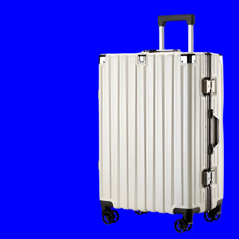 Valise à roulettes anti-collision, bagage de grande capacité, cadre en aluminium renforcé, boîte à mot de passe, valise décontractée, roue silencieuse, 20 po, 22 po, 24 po, 26 po blanche