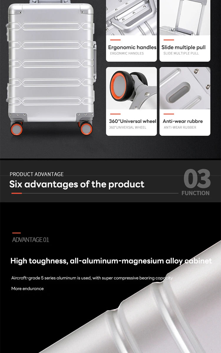 Valise à roulettes entièrement en alliage d'aluminium et de magnésium, roue tournante, boîte en métal, valise d'embarquement avec mot de passe