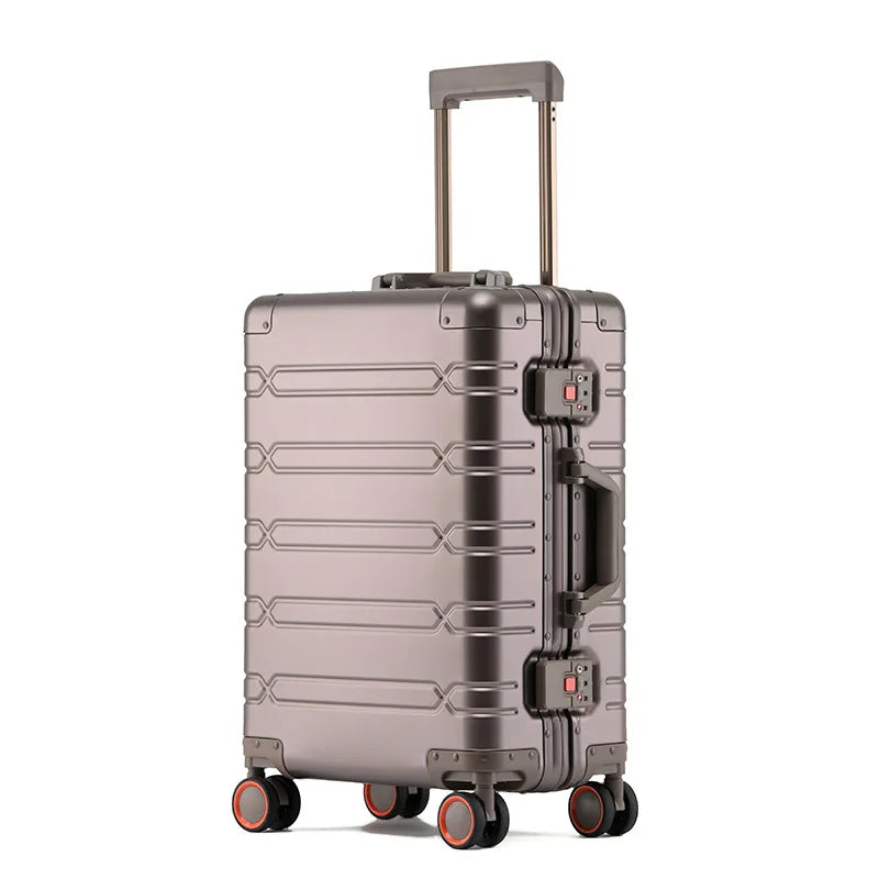 Valise à roulettes entièrement en alliage d'aluminium et de magnésium, roue tournante, boîte en métal, valise d'embarquement avec mot de passe