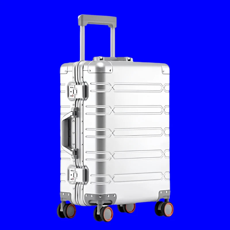 Valise à roulettes entièrement en alliage d'aluminium et de magnésium, roue tournante, boîte en métal, valise d'embarquement avec mot de passe