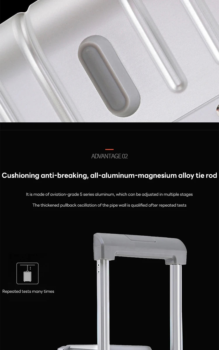 Valise à roulettes entièrement en alliage d'aluminium et de magnésium, roue tournante, boîte en métal, valise d'embarquement avec mot de passe