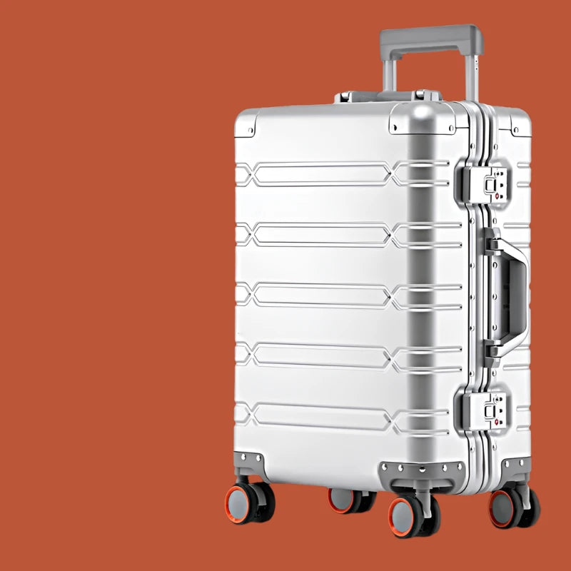 Valise à roulettes entièrement en alliage d'aluminium et de magnésium, roue tournante, boîte en métal, valise d'embarquement avec mot de passe