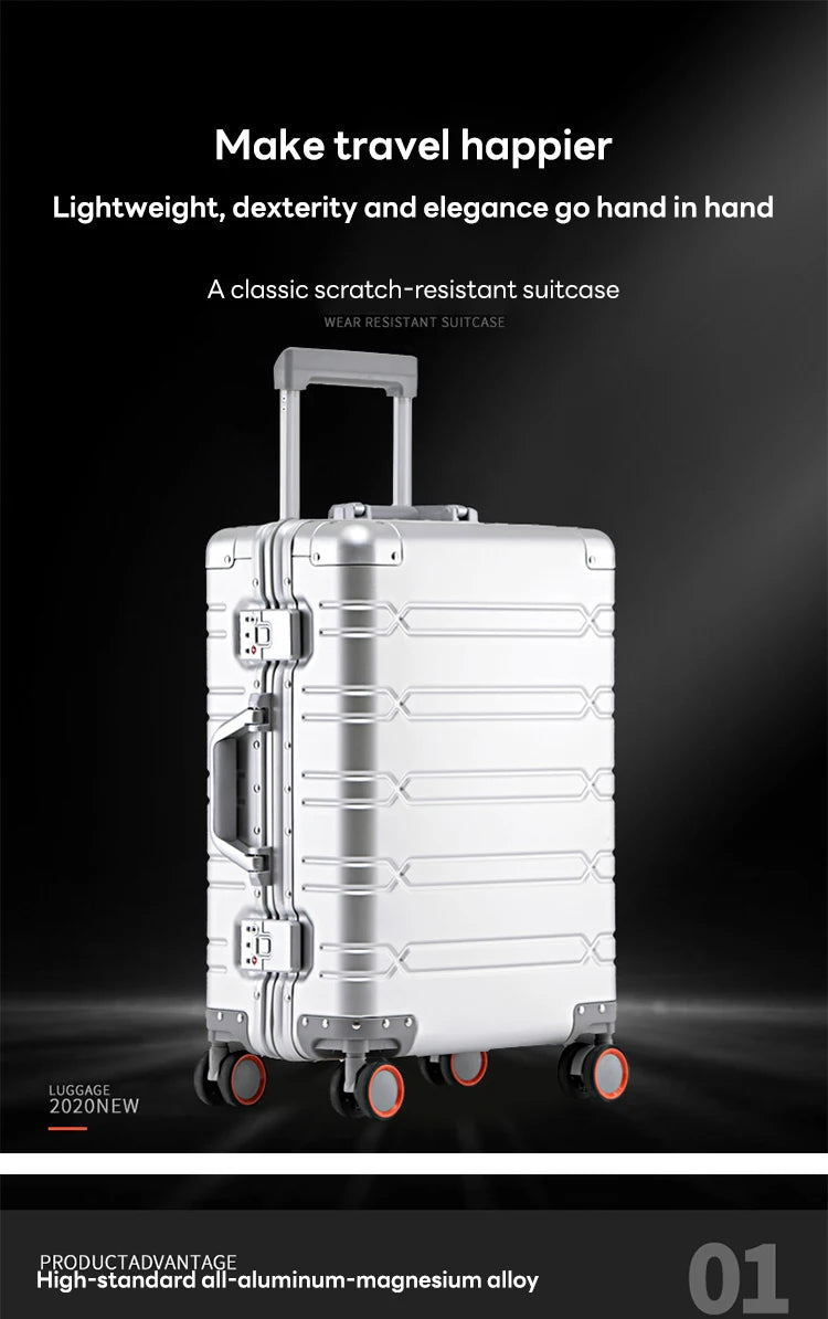 Valise à roulettes entièrement en alliage d'aluminium et de magnésium, roue tournante, boîte en métal, valise d'embarquement avec mot de passe