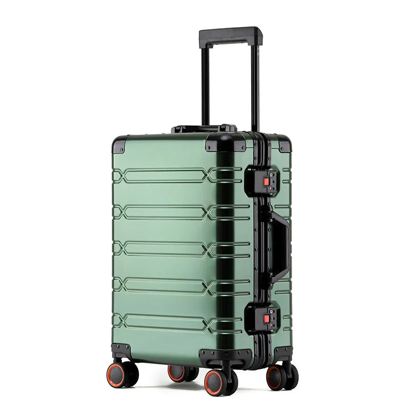 Valise à roulettes entièrement en alliage d'aluminium et de magnésium, roue tournante, boîte en métal, valise d'embarquement avec mot de passe
