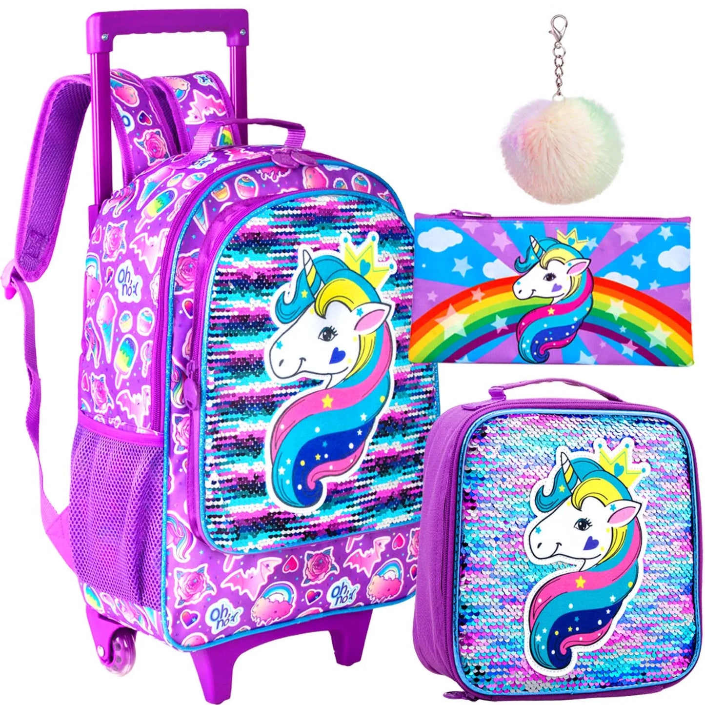 avec sac à lunch, vert sirène, 3 pièces licorne