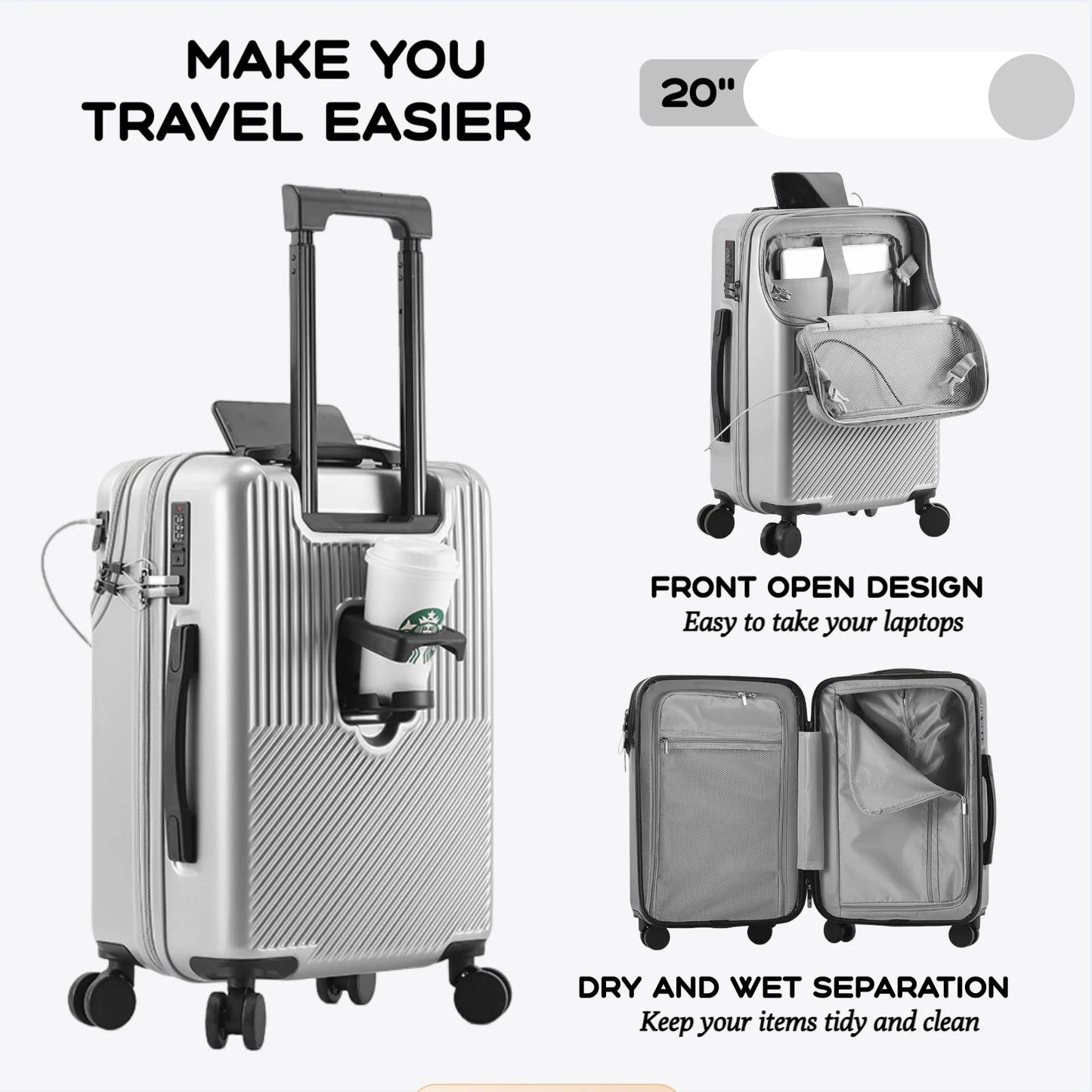 bagages durables pour hommes, valise avant ouverte, serrure TSA, roue tournante silencieuse USB, chargement, voyage à main, nouveau, 2024, 20, 22, 24/26