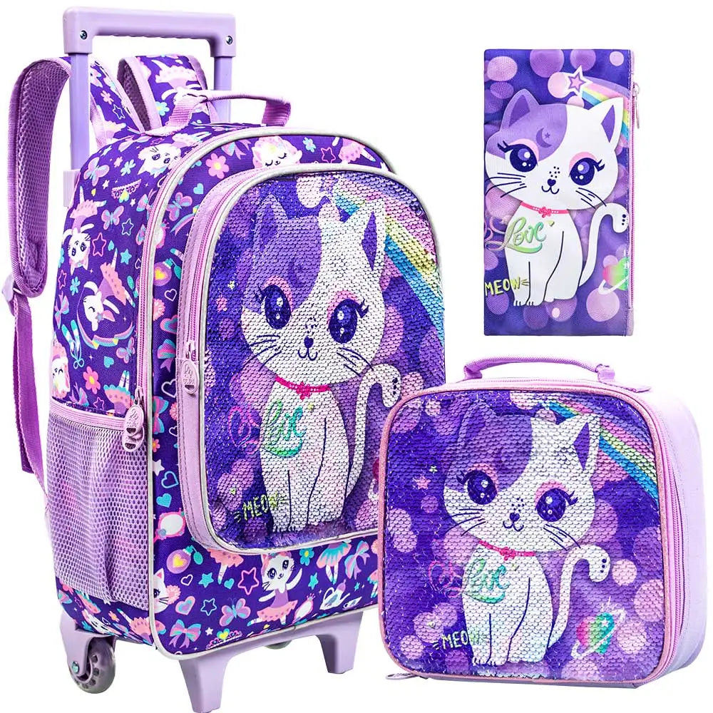 sac d'école à roulettes chat
