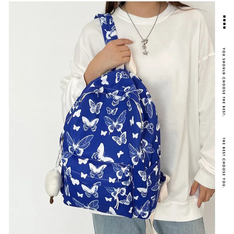 Mode papillon modèle coréen femmes sac à dos étudiant sac à dos pour l'école livre stockage et organisateur de voyage, bleu
