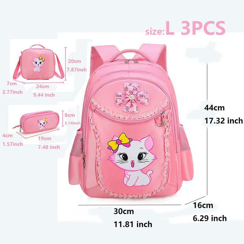 Sac à dos étanche pour enfants, sac à lunch, trousse à crayons, sac d'école pour enfants, cartable primaire pour filles et adolescents, chat mignon, 3 pièces