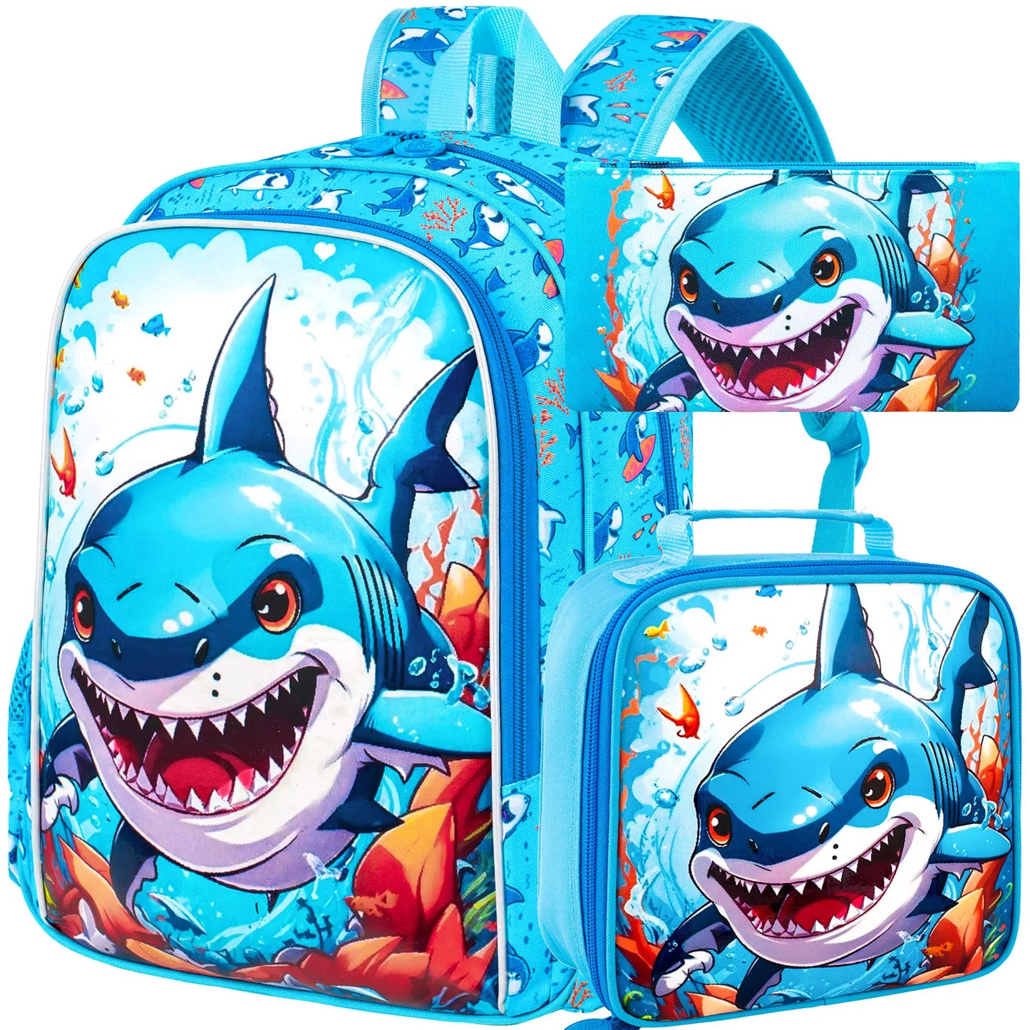 3 pièces sac à dos pour enfants pour garçons, sacs à livres préscolaires résistants à l'eau shark de 16 pouces, sacs à dos d'école primaire Cool