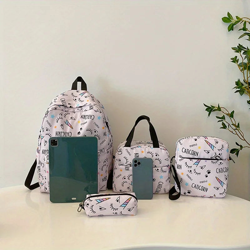 4 pièces ensemble retour à l'école grande capacité sac à dos & sac à main et trousse à crayons décontracté mode sac à dos dessin animé motif impression pour l'école