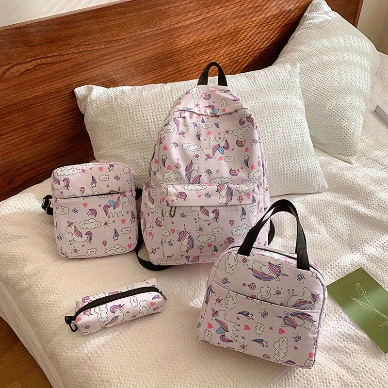 4 pièces ensemble retour à l'école grande capacité sac à dos & sac à main et trousse à crayons décontracté mode sac à dos dessin animé motif impression pour l'école