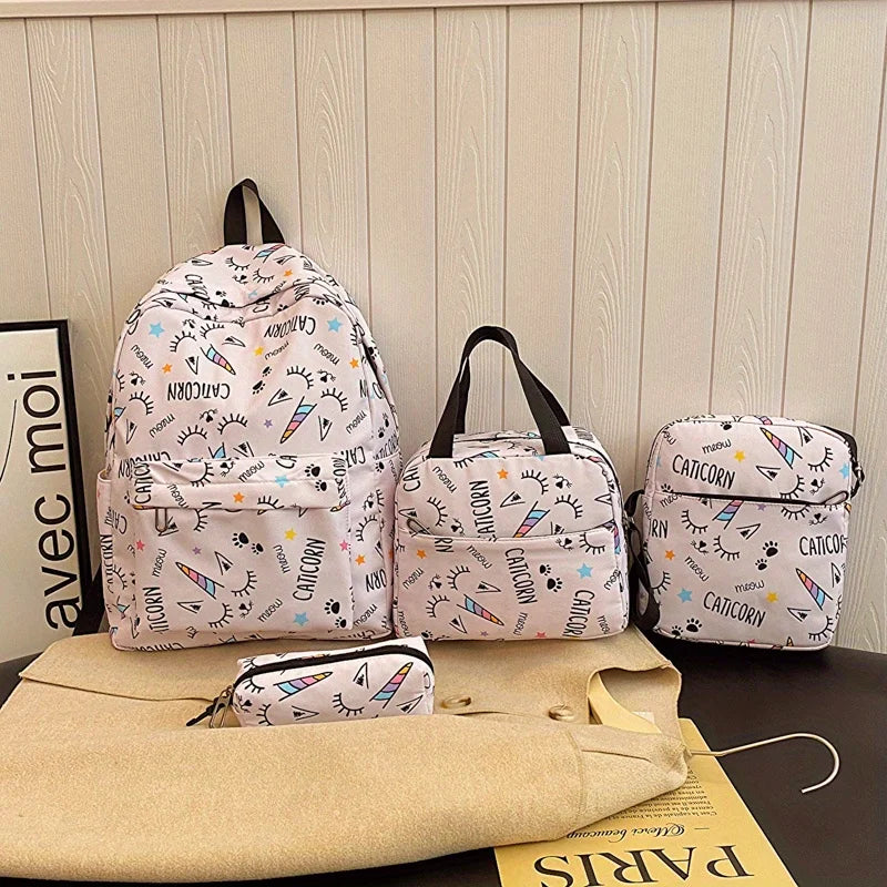 4 pièces ensemble retour à l'école grande capacité sac à dos & sac à main et trousse à crayons décontracté mode sac à dos dessin animé motif impression pour l'école