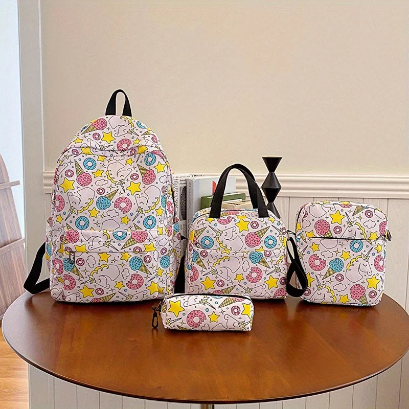 4 pièces ensemble retour à l'école grande capacité sac à dos & sac à main et trousse à crayons décontracté mode sac à dos dessin animé motif impression pour l'école