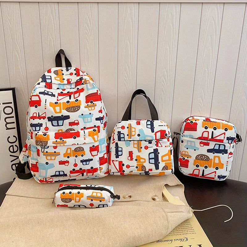 4 pièces ensemble retour à l'école grande capacité sac à dos & sac à main et trousse à crayons décontracté mode sac à dos dessin animé motif impression pour l'école