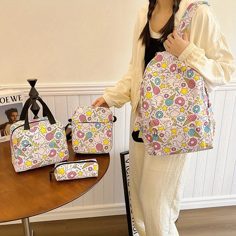 4 pièces ensemble retour à l'école grande capacité sac à dos & sac à main et trousse à crayons décontracté mode sac à dos dessin animé motif impression pour l'école