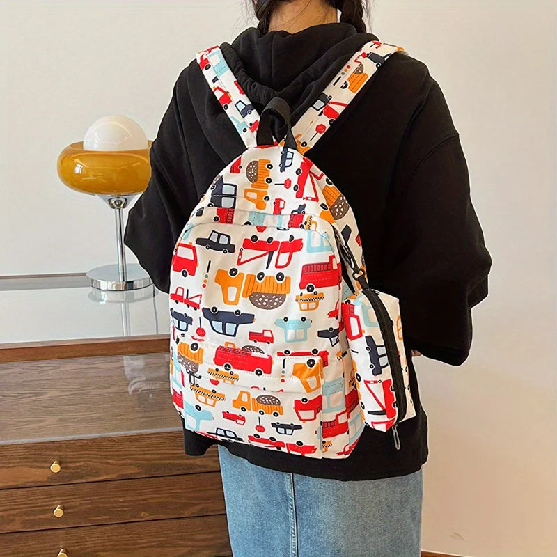 4 pièces ensemble retour à l'école grande capacité sac à dos & sac à main et trousse à crayons décontracté mode sac à dos dessin animé motif impression pour l'école