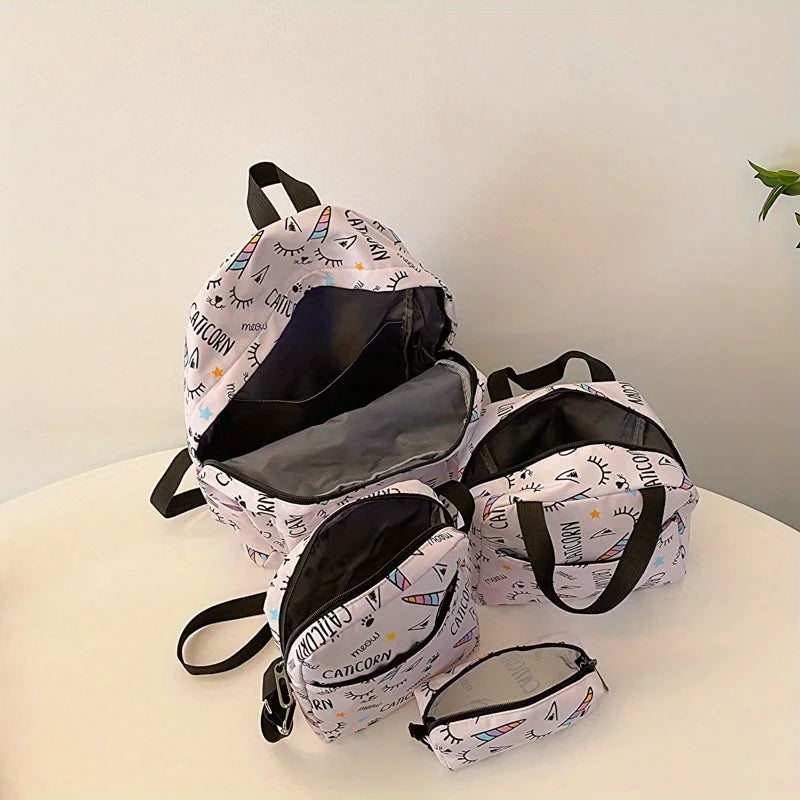 4 pièces ensemble retour à l'école grande capacité sac à dos & sac à main et trousse à crayons décontracté mode sac à dos dessin animé motif impression pour l'école