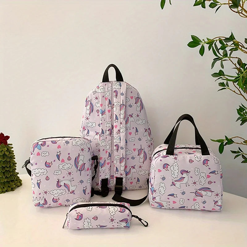 4 pièces ensemble retour à l'école grande capacité sac à dos & sac à main et trousse à crayons décontracté mode sac à dos dessin animé motif impression pour l'école