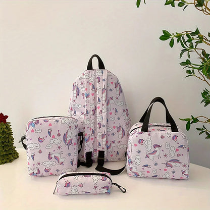 4 pièces ensemble retour à l'école grande capacité sac à dos & sac à main et trousse à crayons décontracté mode sac à dos dessin animé motif impression pour l'école