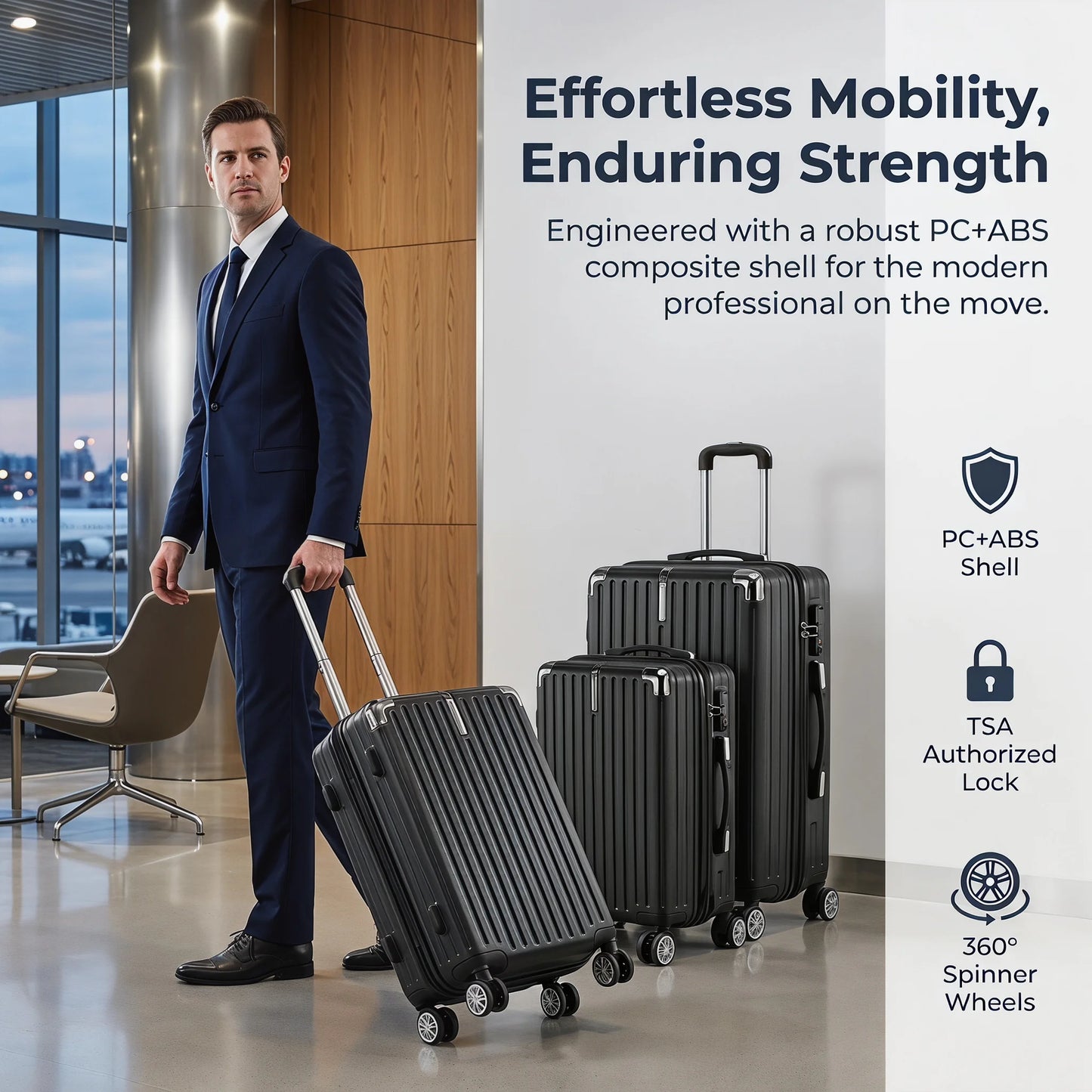 Ensemble de bagages rigides, 3 pièces avec serrure TSA