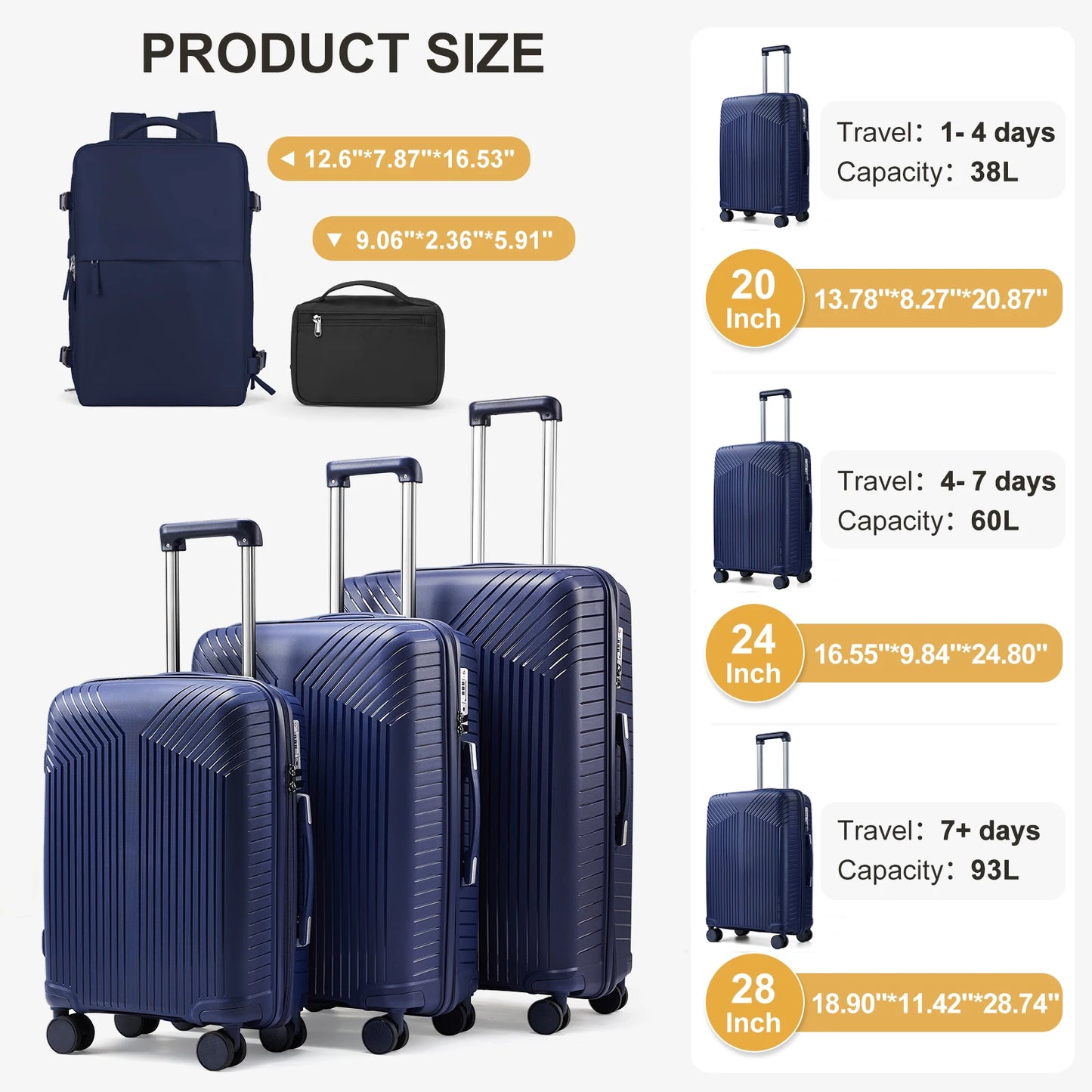 Ensemble de Valise de Voyage avec Sac à Dos et Trousse de Toilette, Grande Valise à Roulettes de 20, 24 et 28 Pouces, Cabine d'Embarquement, 5 Pièces, taille